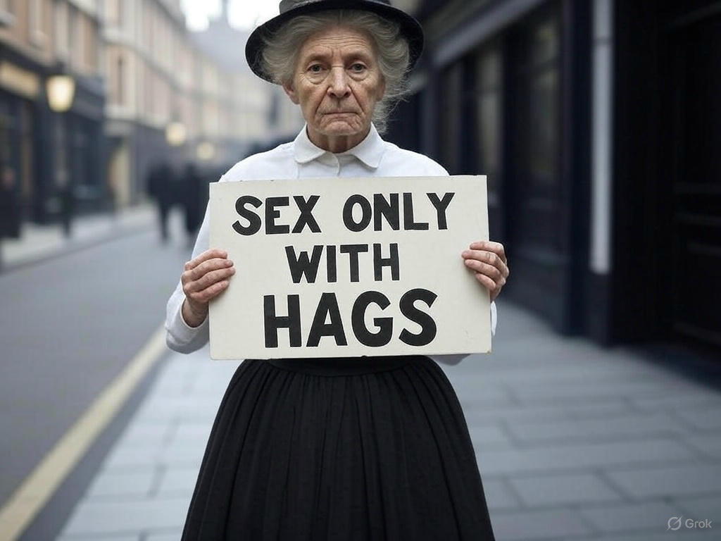 Suffragette holds up a placard saying "SEX ONLY WITH HAGS"