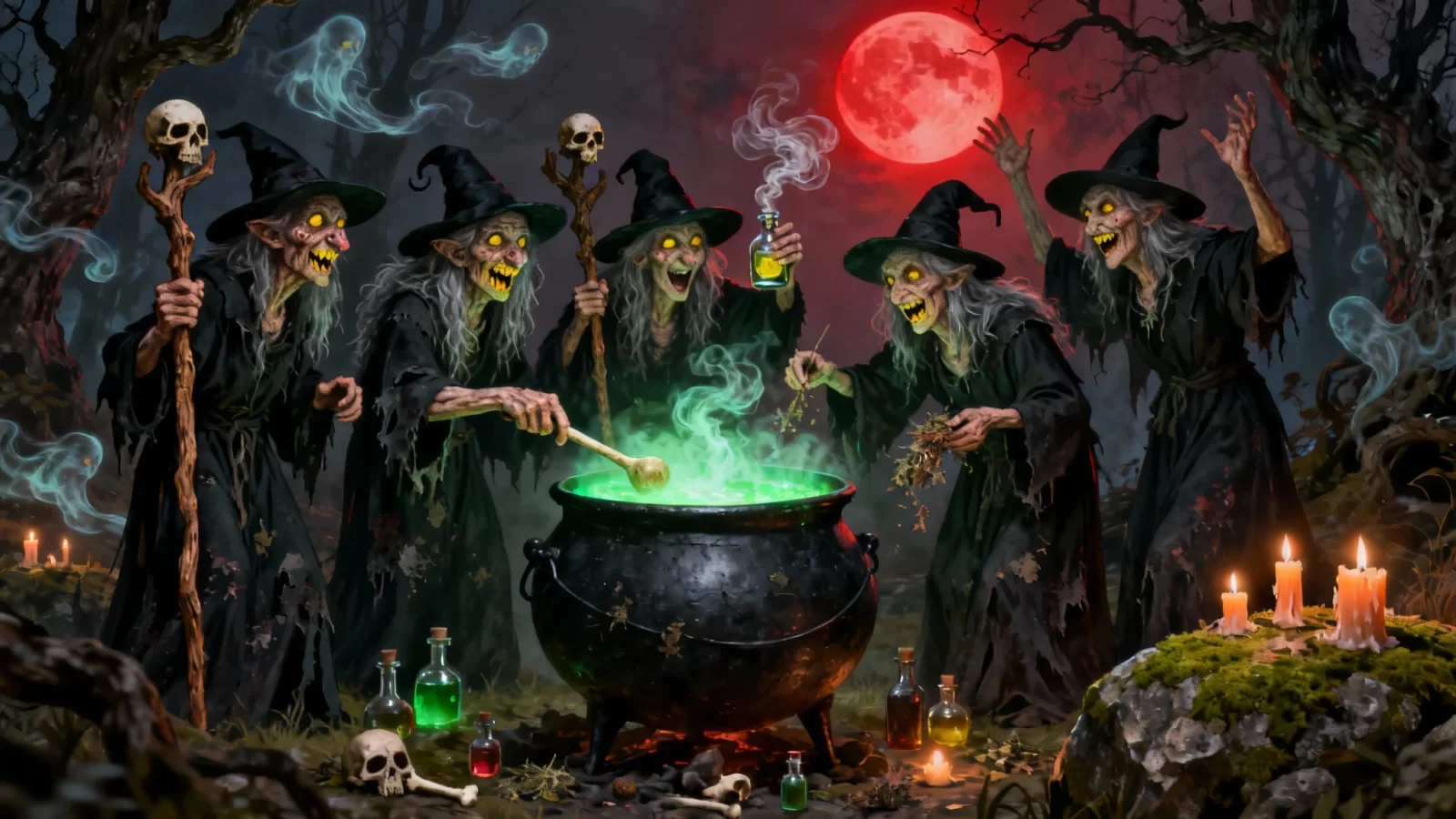 evile witches coven stirring a pot and casting spells under a reddish full moon.