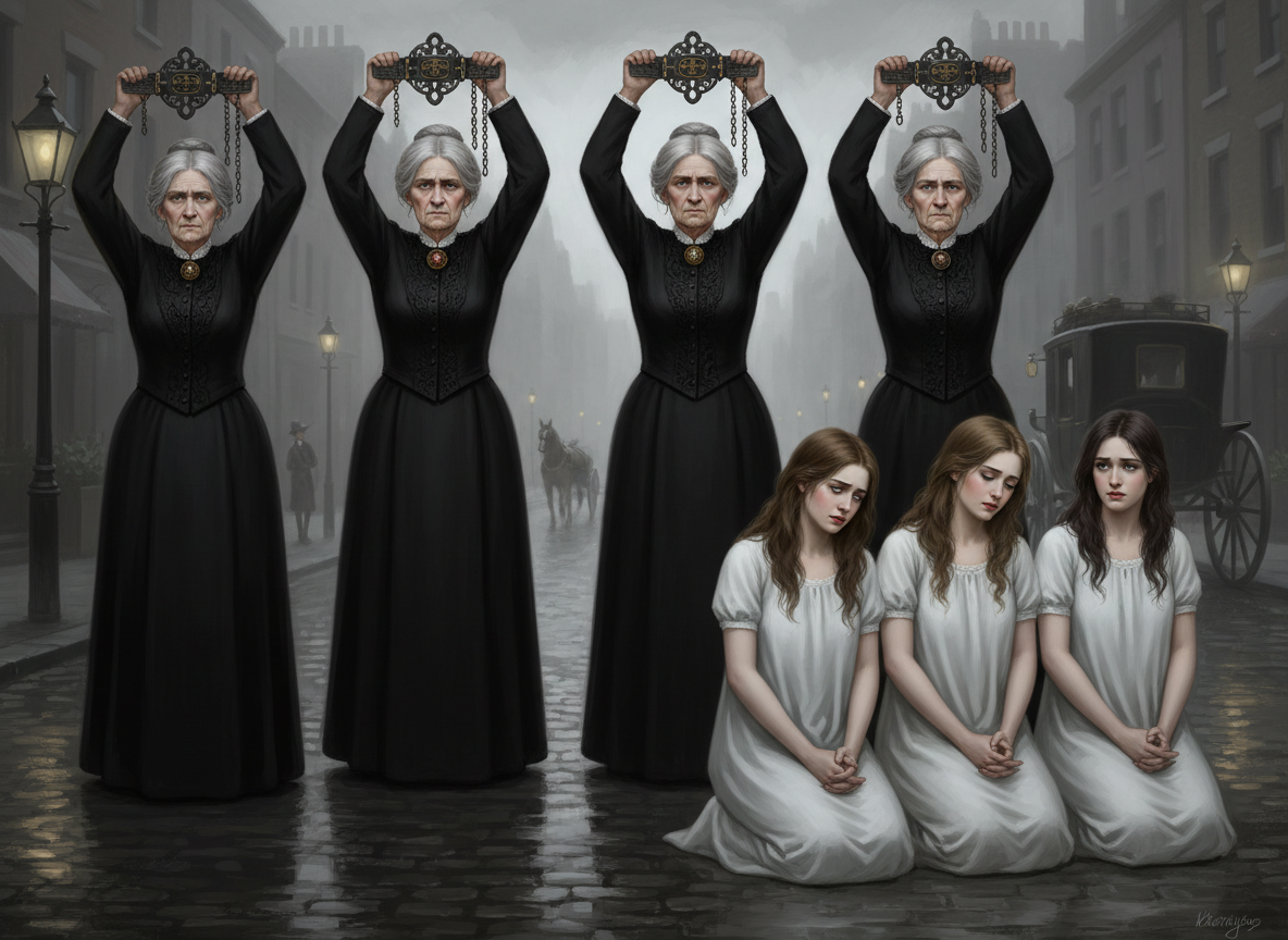 social purity movement hags holding chastity belts over young girls