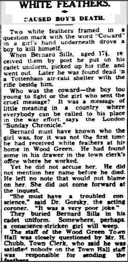 Bernard Sills 17 year old suicide after white feathers coward letter