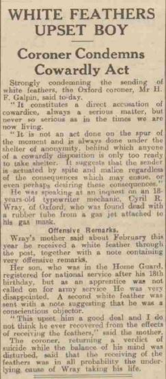 Cyril Wray suicide after white feathers sent