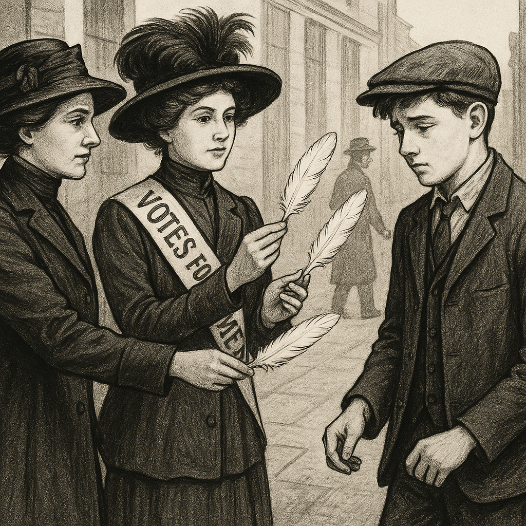 suffragettes handing white feathers to young boy