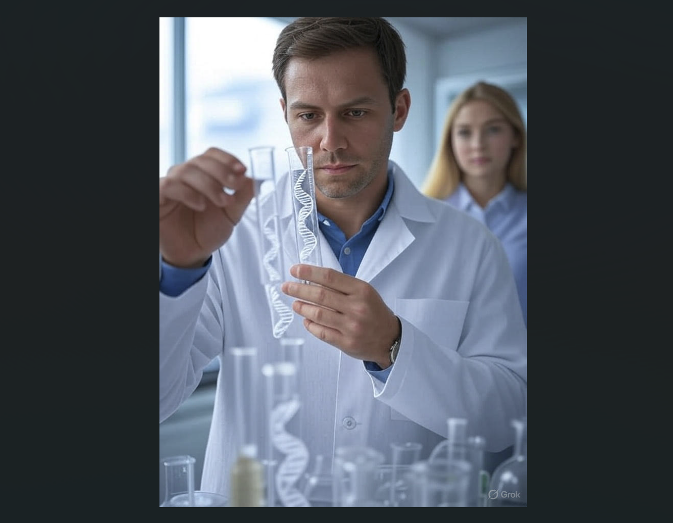 Man in lab holds up testube with a strand of dna inside, as a beautiful woman looks on in the background.