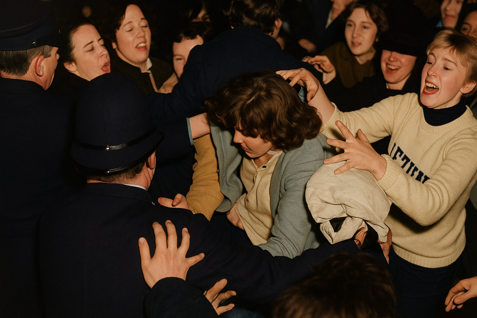 ChatGPT Fury of the Mothers colorized - Tom O'Carroll and PIE members attacked by angry mothers in London 1977.