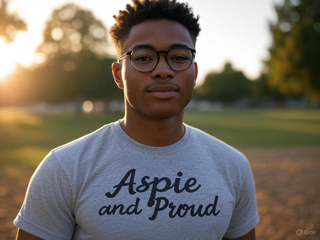 Young man wearing an 'Aspie and Proud' t-shirt.