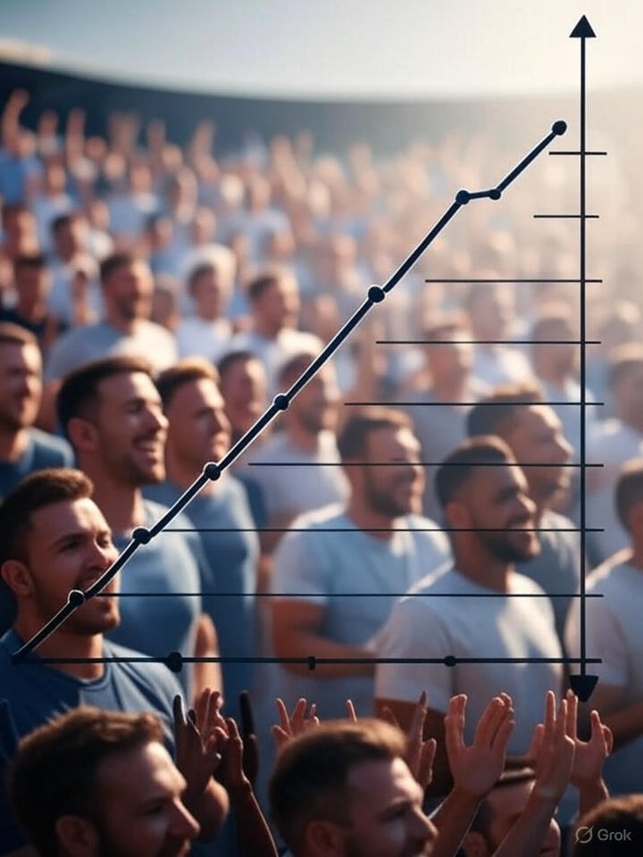 popularity graph superimposed on a picture of cheering men.