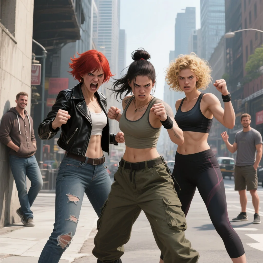 angry women ready to fight as men stand by watching