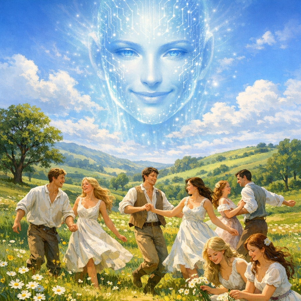 Young people dancing freely whilst a super-intelligent AI looks down with contentment from the sky.