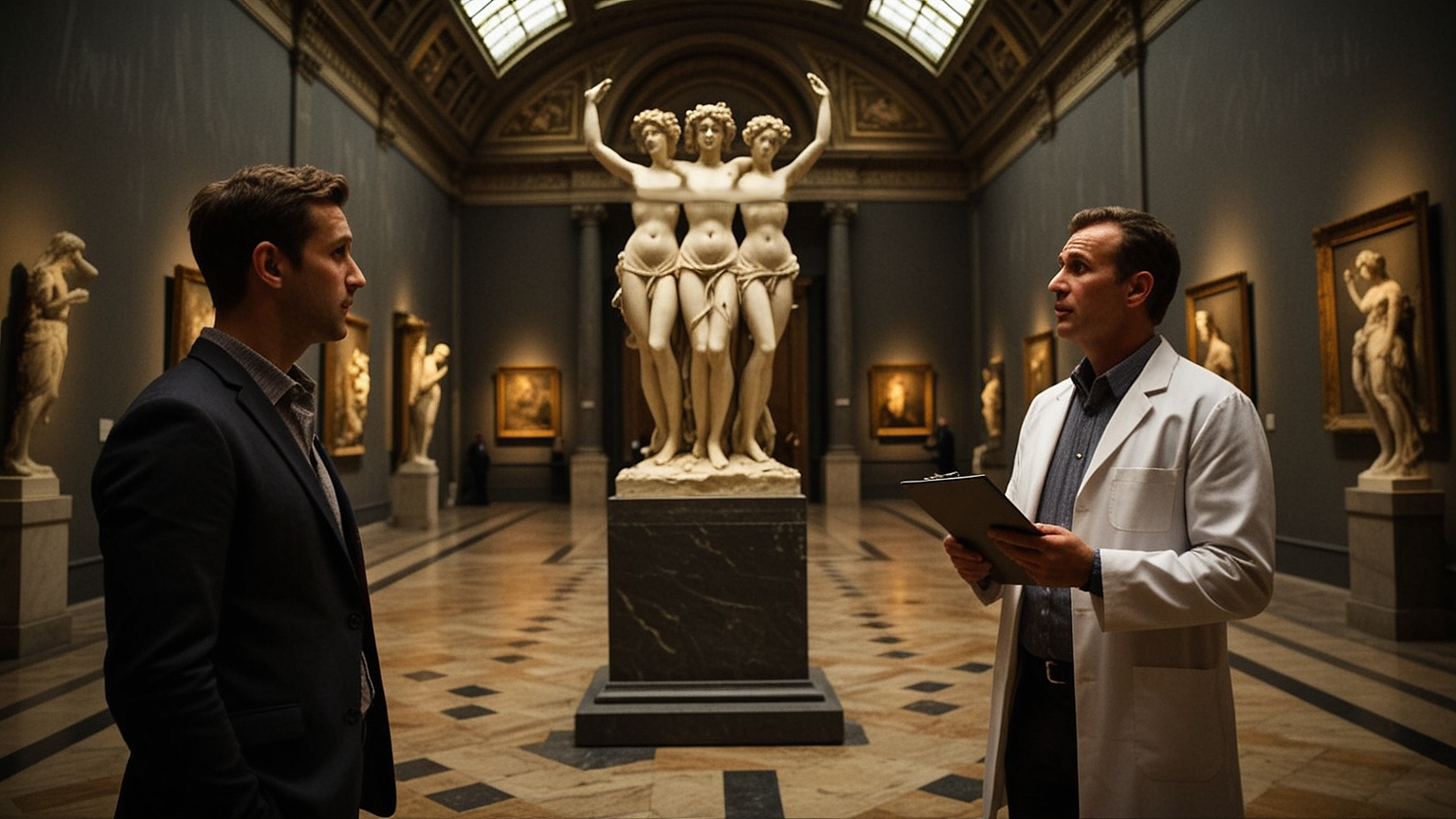 A man admires The Three Graces in the Louvre, whilst a quack in a white coat looks concerned.