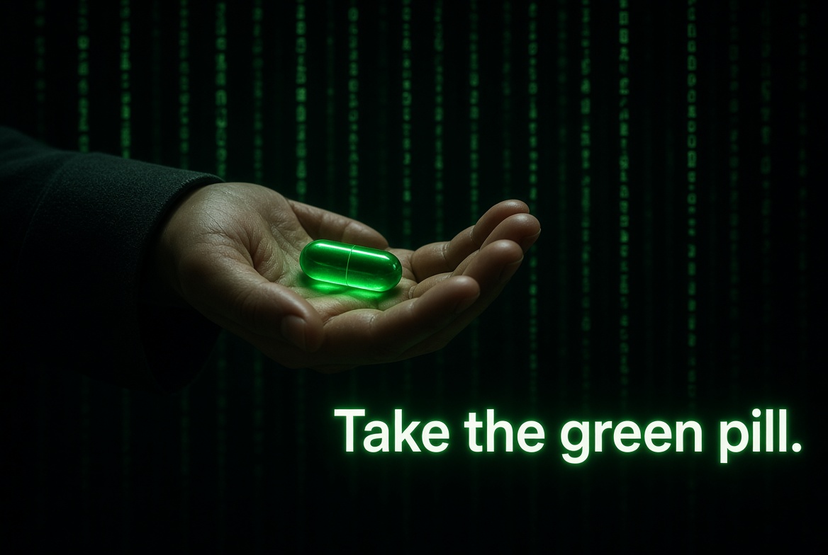 A hand offering a green pill, dark background with the words "Take the green pill" in luminous green.