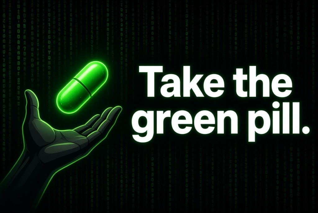 A hand offering a green pill, with the words "Take the green pill" staning out in white against a black background.